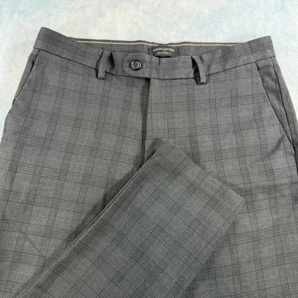 Banana Republic Plaid Pants Mens 31x30 Gray Excellent Slim Tapered Fit Dress
